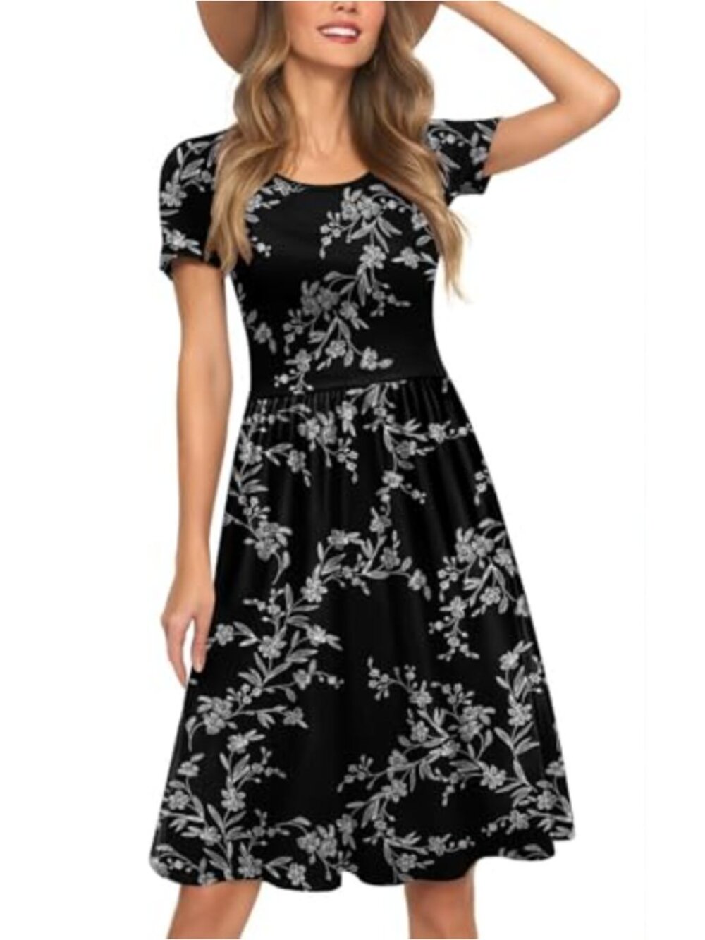 Women's Short Sleeve Empire Waist Midi Dress Casual Flowy with Pockets